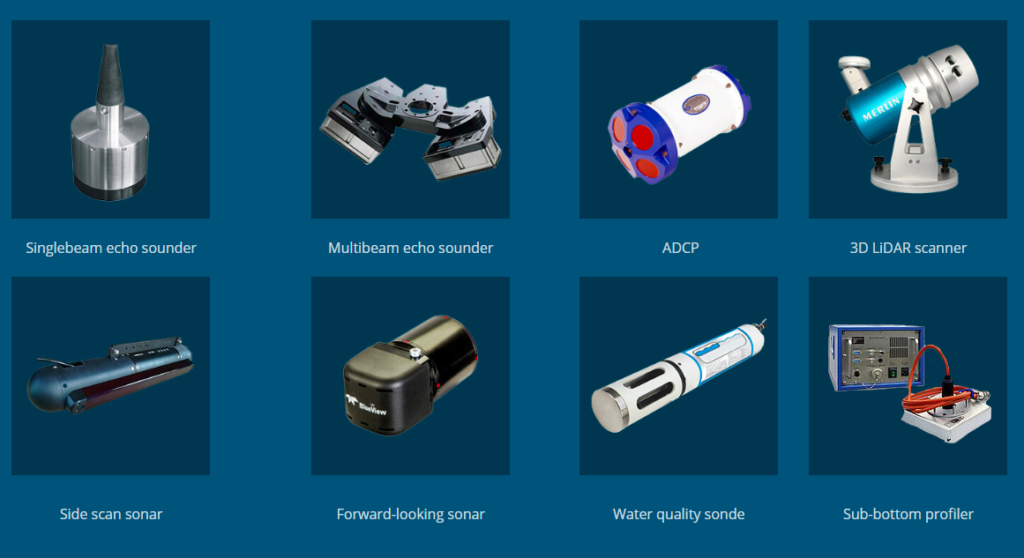 Singlebeam echo sounder Multibeam echo sounder ADCP Side scan sonar Forward-looking sonar Water quality sonde